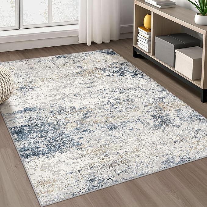 Area Rug Living Room Rugs - 4x6 Abstract Large Soft Indoor Washable Rug Neutral Modern Low Pile Carpet for Bedroom Dining Room Farmhouse Home Office - Beige Blue