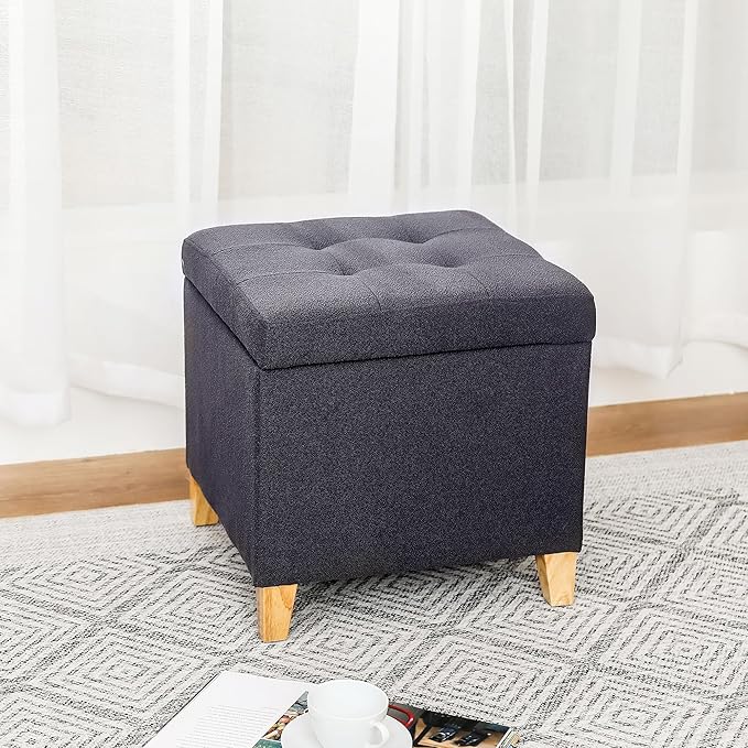 Adeco Fabric Storage Ottoman Bench with Solid Wood Legs, 17.7" Square Dark Grey Cotton Linen Cube Foot Stool, Upholstered Button Tufted Vanity Chair with Hinged Lid for Living Room, Bedroom, Dorm