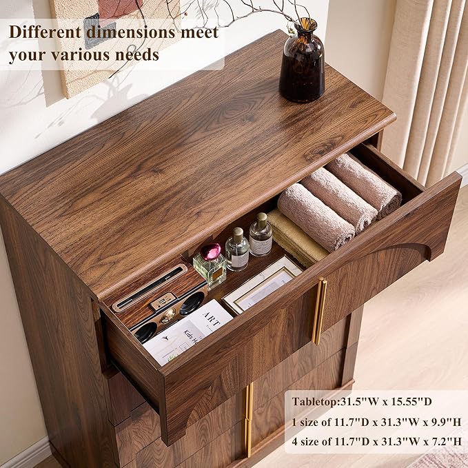 ACCOHOHO Modern 5 Drawers Dresser for Bedroom with Arched Panel,44" Tall Dresser for Closet with Metal Handles,Push-to-Open Wood Storage Closet Dressers Tv Stand for Living Room, Hallway,Brown