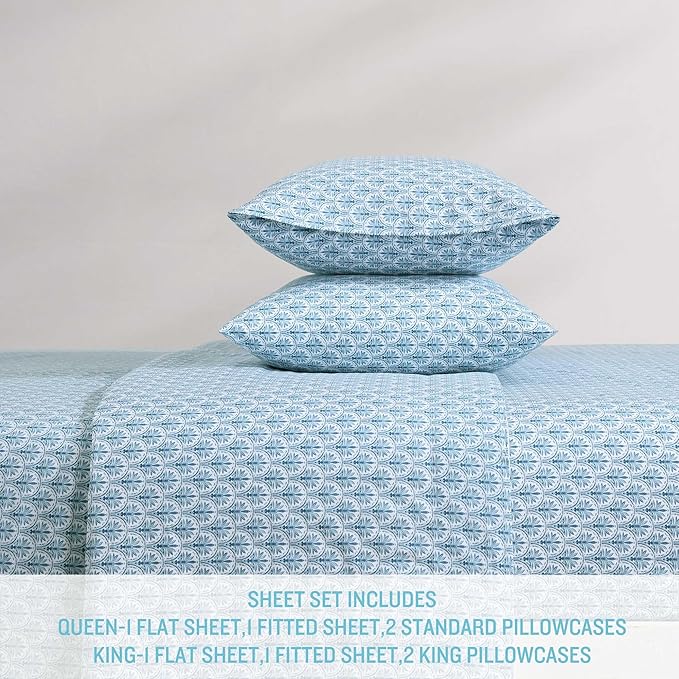 Tommy Bahama - Queen Sheet Set, Super Soft Cotton Percale Bedding with Matching Shams, Tropical Bedding Set, Oeko-Tex Certified (Coastal Batik Blue, Queen)
