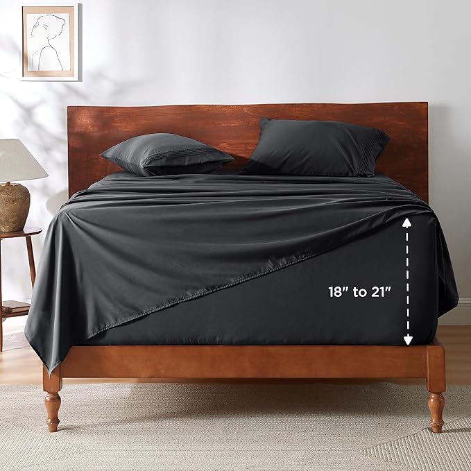 Bedsure Deep Pocket Queen Sheets Set - Fits Mattresses Up to 21 Inches Thick - 4 Piece GentleSoft Bed Sheets, Moisture Wicking, Soft & Cooling Bedsheet & Pillowcases, Easy & Secure Fit, Black