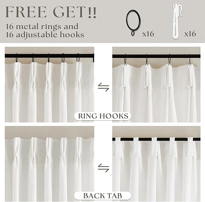 Beige White Linen Pleated Curtains 30 Inch Length Light Filtering Semi Sheer Mini Curtains Cafe Small Window Basement Bathroom Boho Farmhouse Pinch Pleat Short Semi Sheer Kitchen Drapes Camper RV