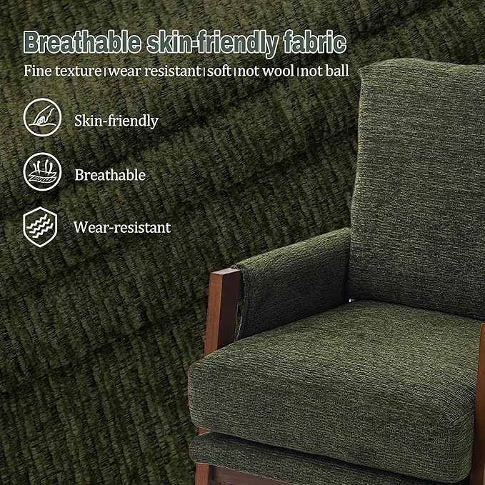Green Accent Chairs for Living Room Set of 2, Modern Arm Chairs for Bedroom, Wooden Upholstered Mid Century Accent Chairs, Fabric