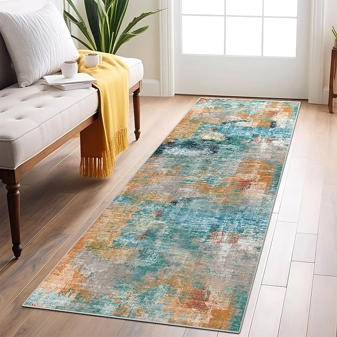 vivorug Runner Rug 2x10 Machine Washable Rug with Non-Slip Backing, Ideal for Kitchen Hallway Entryway Laundry Room - Modern Abstract, Durable, Easy Clean, Low Pile Carpet Runner, Rosy Clouds