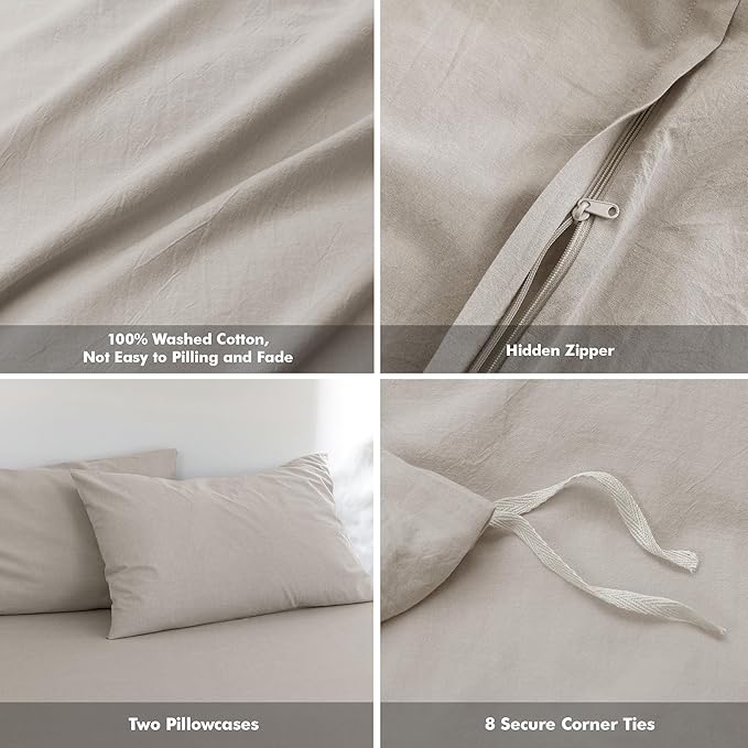 FOSSA Duvet Cover Set 100% Washed Cotton Linen Feel Super Soft Breathable Cozy 3 Pieces Bedding Sets Solid Cream Grey King