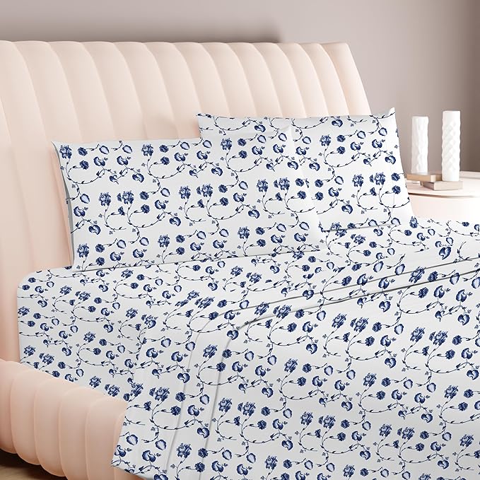 Carressa Linen Luxury Egyptian Cotton Twin XL Printed Sheet Set - 600 Thread Count Extra Long Staple 3 PC Set, Floral Blue Twin XL Sheets, Soft, Cooling Sateen Weave Sheets Upto 18 in Deep Pocket