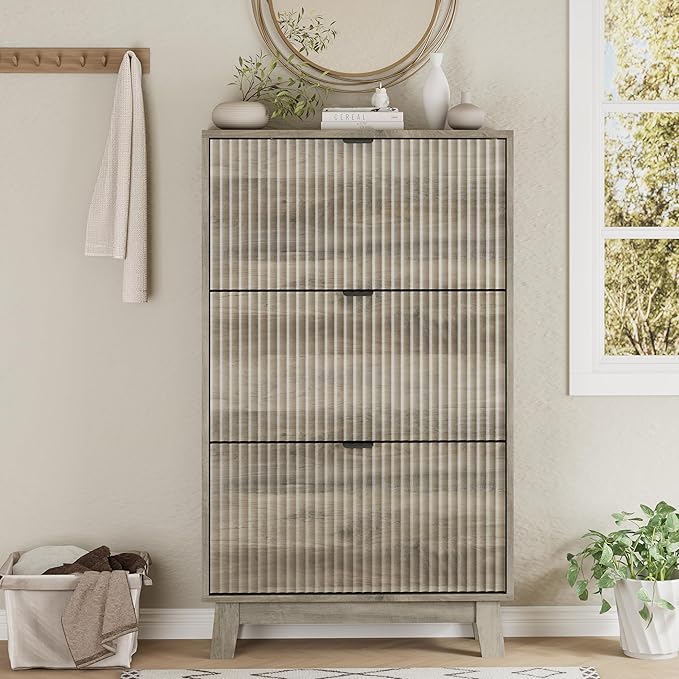 Shoe Cabinet with 3 Flip Drawers, 54" Tall Narrow Fluted Shoe Storage Organizer for Entryway, Hidden Slim Wooden Shoe Rack Cabinet for Front Door Entrance, Hallway, Living Room, Light Grey