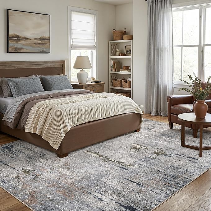 Area Rug Living Room Rugs - 5x7 Washable Large Soft Indoor Neutral Modern Abstract Low Pile Rug Carpet for Bedroom Dining Room Farmhouse Home Office - Blue/Grey/Brown