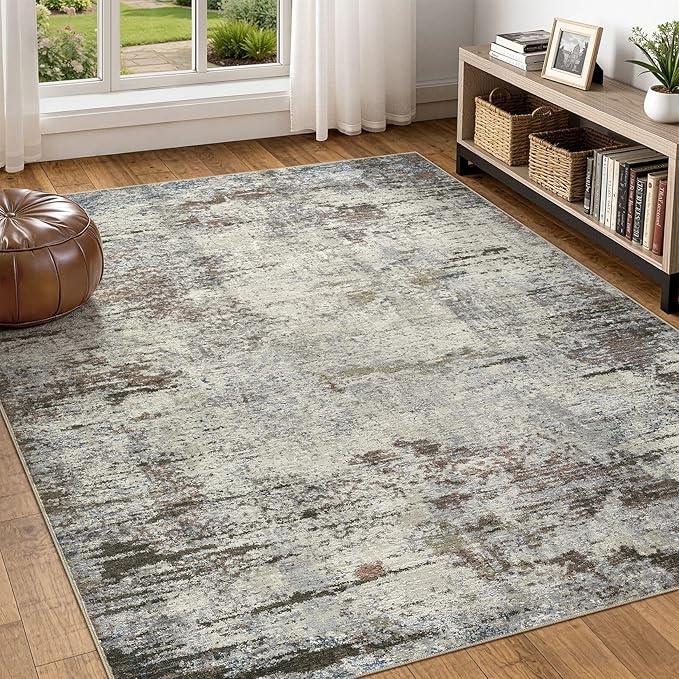 Area Rug Living Room Rugs - 5x7 Washable Large Soft Indoor Neutral Modern Abstract Low Pile Rug Carpet for Bedroom Dining Room Farmhouse Home Office - Brown Rust