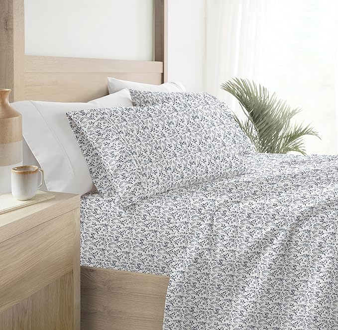 Linen Market Double-Brushed Patterned Microfiber Queen Sheet Set 4 Piece – Oeko-TEX Certified Ultra Soft & Wrinkle-Free - 16" Deep Pocket Sheets - Easy Care Queen Size - Burst of Vines Navy