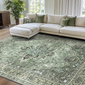 Area Rugs 7'x10' Washable Non-Slip, Floral Vintage Distress Print Pattern Medallion Carpet for Living Room Bedroom Dining Room, Dark Green Gray