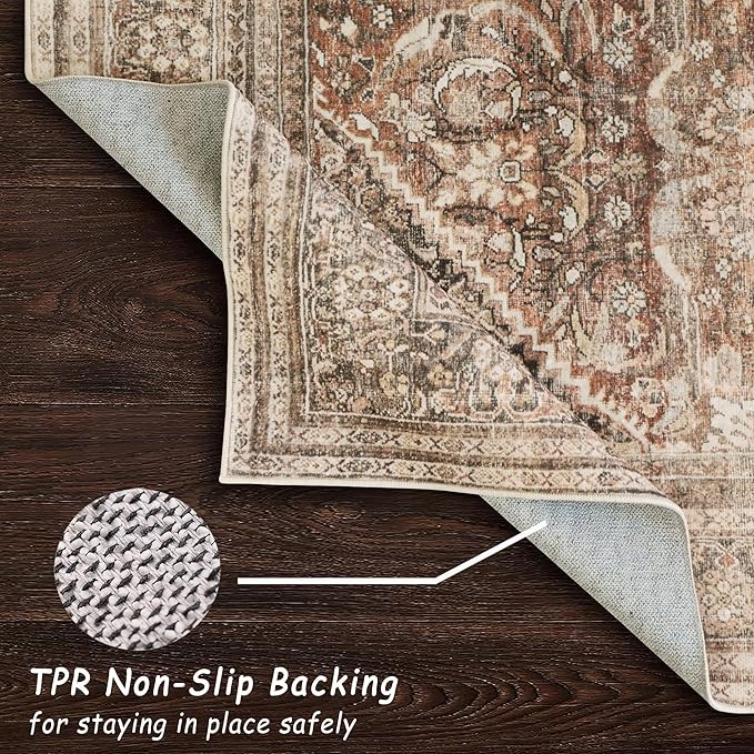 vivorug 9x12 Area Rugs for Living Room, Non Slip Machine Washable Vintage Rug, Ultra-Thin Lightweight Large Area Rug for Bedroom, Dining Room, Low Pile Brown Rug