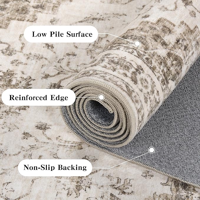 9x12 Vintage Washable Area Rugs Boho Medallion Large Distressed Retro Accent Carpet Floral Non-Slip Soft Low Pile Indoor Throw Rug for Living Room Bedroom Dining Room Office Kitchen, Taupe