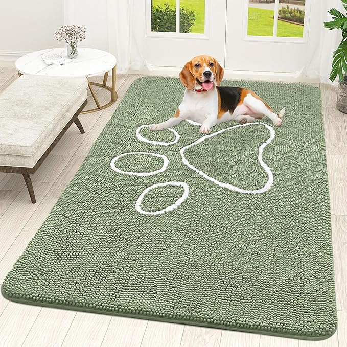 OLANLY Dog Door Mat for Muddy Paws 59x35, Paw Print Design, Absorbs Moisture and Dirt, Non-Slip Washable Doormat, Quick Dry Chenille Mud Mat for Dogs, Entry Indoor Entryway Carpet, Sage Green
