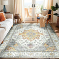 Area Rugs 6'x9' Washable Non-Slip, Floral Vintage Distress Print Pattern Medallion Carpet for Living Room Bedroom Dining Room, Light Yellow Carbon Grey Orange