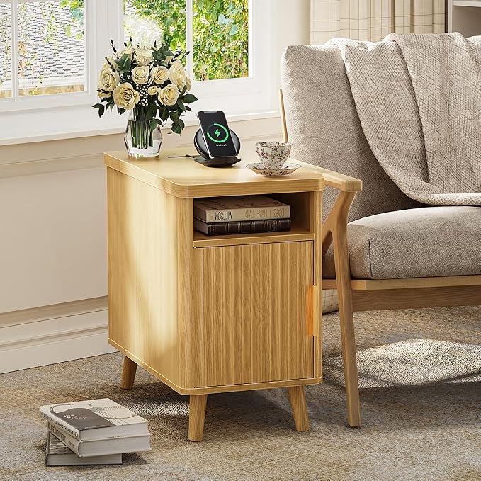 Huuger Narrow Nightstand with Charging Station, USB-C Port, Set of 2 Night Stand, Fluted End Table with Storage Cabinet, Back Rack, Side Table for Small Spaces, 13.4×23.6 Inch, Natural