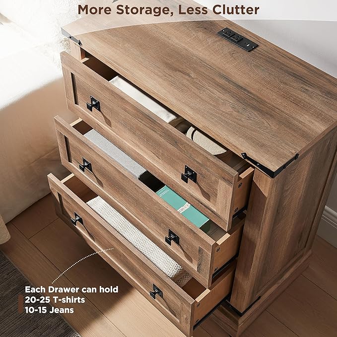T4TREAM 32" Farmhouse Nightstand with Charging Station Set of 2, Large End Table with 3 Storage Drawers, Rustic Wood Bedside Table for Bedroom, Living Room, Rustic Oak