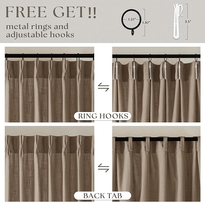 Pleated Linen Curtains 96 Inches Long for Living Room 2 Panel Set Semi Sheer Light Filtering Pinch Pleat with Rings Hooks Drapes Boho Farmhouse Rustic Light Brown Tan Latte Curtain Bedroom Window