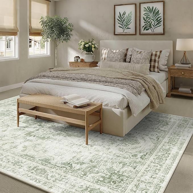 9x12 Vintage Washable Area Rugs Boho Medallion Large Distressed Retro Accent Carpet Floral Non-Slip Soft Low Pile Indoor Throw Rug for Living Room Bedroom Dining Room Office Kitchen, Green