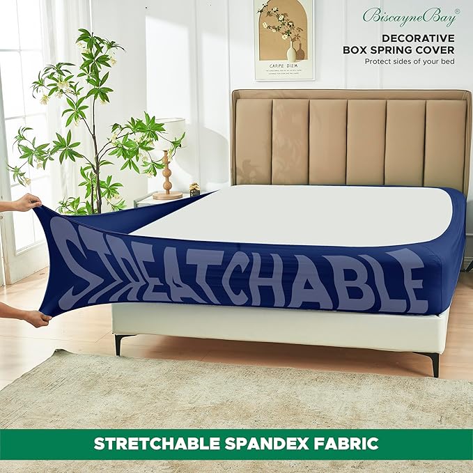 Biscaynebay Decorative Box Spring Cover King & Cal King Size, Navy Luxurious Jersey Knitting Stretchy Wrap Around 4 Sides Bed Skirt for Home/Hotels, Easy Fit Wrinkle & Fade Free Machine Washable