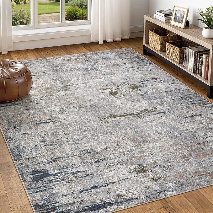 Area Rug Living Room Rugs - 5x7 Washable Large Soft Indoor Neutral Modern Abstract Low Pile Rug Carpet for Bedroom Dining Room Farmhouse Home Office - Blue/Grey/Brown