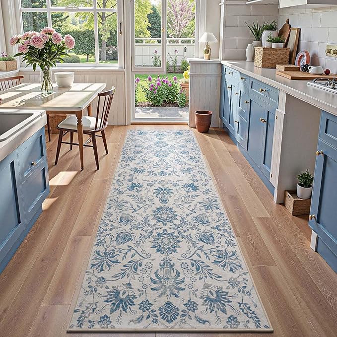 jinchan Torino Runner Rugs 3x10, Vintage-Inspired Floral Design Machine Washable Non-Slip Ultra-Thin Low-Pile Rubber Backing Traditional Rug for Kitchen Hallway Laundry Room Entryway Dark Blue