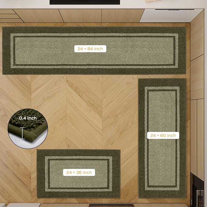 Kitchen Rugs 24" x 70", Non-Slip Machine Washable Kitchen Runner Rugs Floor Mats, Absorbent Comfort Standing Mats for Kitchen, Sink, Laundry and Hallway, Rolled Packaging, Budding Green & Sage Green