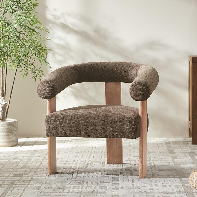 VKNOW Accent Chair Living Room Chair, Modern Upholstered Arm Chair with Solid Wood Legs, Comfy Barrel Accent Chair for Living Room, Bedroom, Brown
