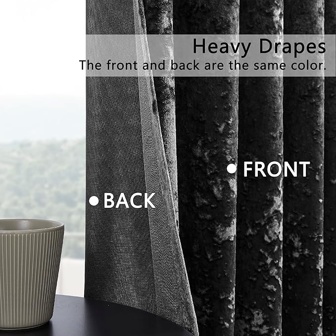 SMILETIME Black Crushed Velvet Curtains 52x108inch Rod Pocket Luxurious Thermal Insulated Soundproof Drapes Soft and Durable Light-Filtering Window Treatments for Living Room Bedroom, 2 Panels