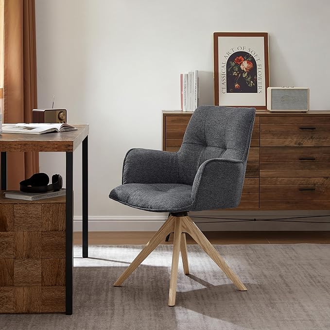 Art Leon Swivel Office Chair - Mid Century Modern Desk Chair No Wheels, Fabric Upholstered Accent Chair with Oak Wood Legs for Small Space Living Room Bedroom, Set of 2, Dark Gray