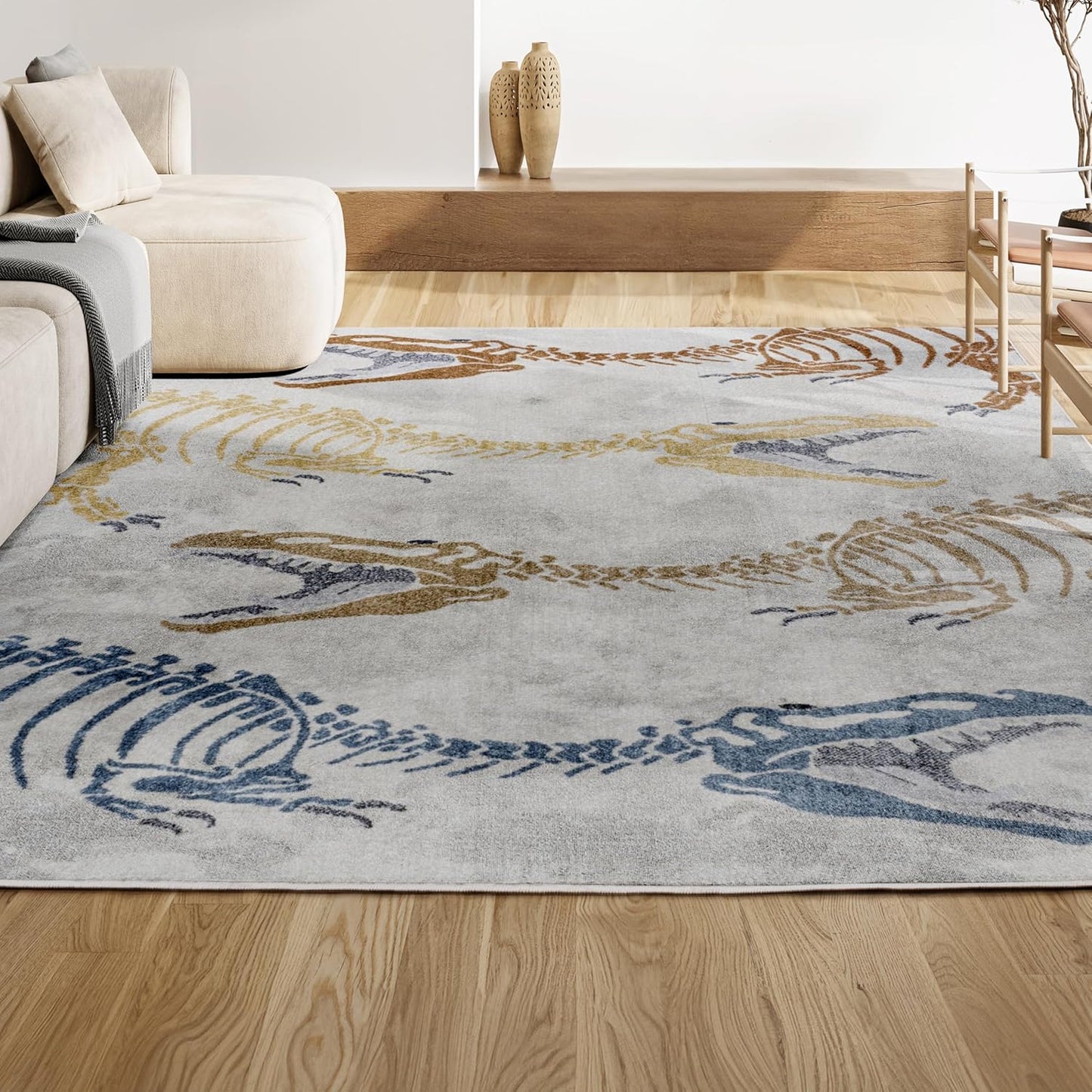 JONATHAN Y Machine-Washable Cream/Multi Indoor Area Rug, 3x5, Kingdarr T-Rex Modern, Casual, Kids & Novelty for Living Room, Dining Room, Bedroom, Kitchen Easy-Cleaning, Non-Shedding (KDW103A-3)