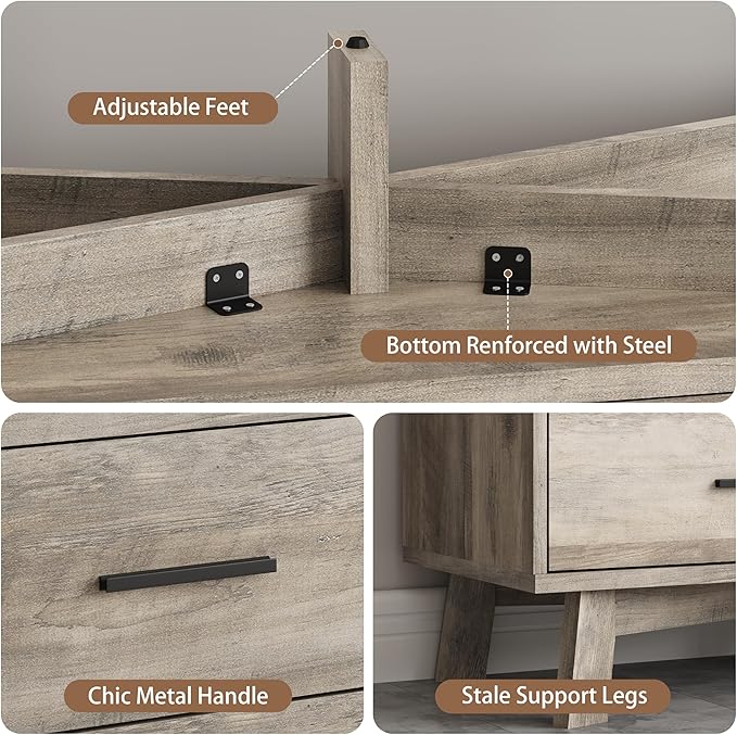 Dresser for Bedroom with 7 Drawer, Wood Modern Chest of Drawers with X-Shaped Sturdy Base, Wide Double Dresser Closet Clothes Storage Organizer, Wooden TV Stand for Living Room, Hallway, Grey