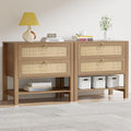 Rattan Nightstand Set of 2 with 2 Drawers and Storage Shelf, 26” Tall Wide Night Stand, Wood Large Bedside Table for Bedroom, Side Table, Carbon Cherry
