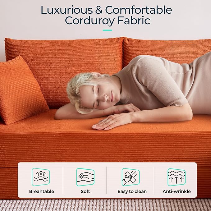 LINSY HOME Convertible Sofa Bed with 2 Pillows & Ottoman, Boneless Couch Folding Modular Sectional Sleeper Sofa, L Shaped Sofas Corduroy Couch Bed Compression Sofa for Living Room Apartment, Orange
