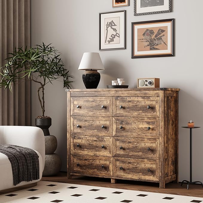 Dresser for Bedroom with 8 Drawers, Farmhouse Wood Chest of Drawers, Wide TV Stand Closet Storage Furniture with Metal Handle, Modern Clothes Organizer for Hallway, Living Room, Entryway, Brown