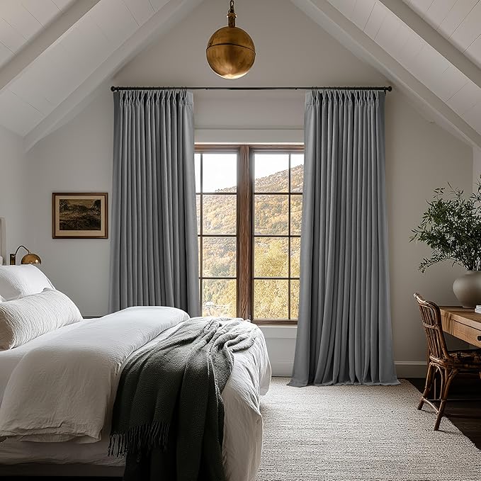 Dark Grey 100 Inch Blackout Pinch Pleated Curtains 2 Panel Set for Living Room Darkening Thick Linen Textured 100% Black Out Drapes 100 Inches Long Pinch Pleat Light Blocking Bedroom Charcoal Gray