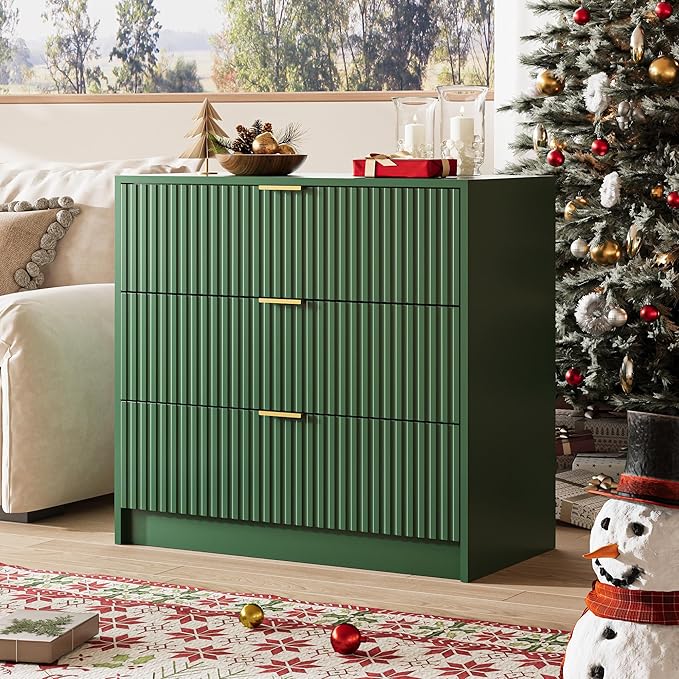 Green Fluted Dresser for Bedroom, 32 Inch Wide Nightstand with Large Drawer, 3 Drawer End Table for Bedroom, Living Rooms, Offices, and Entryways