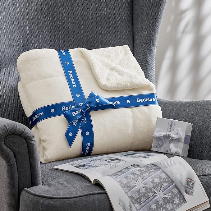 Bedsure GentleSoft Sherpa Fleece Throw Blanket Twin Size for Couch - Thick and Warm, Soft Fuzzy Plush Twin Blanket for Winter, Cream, 60x80 Inches