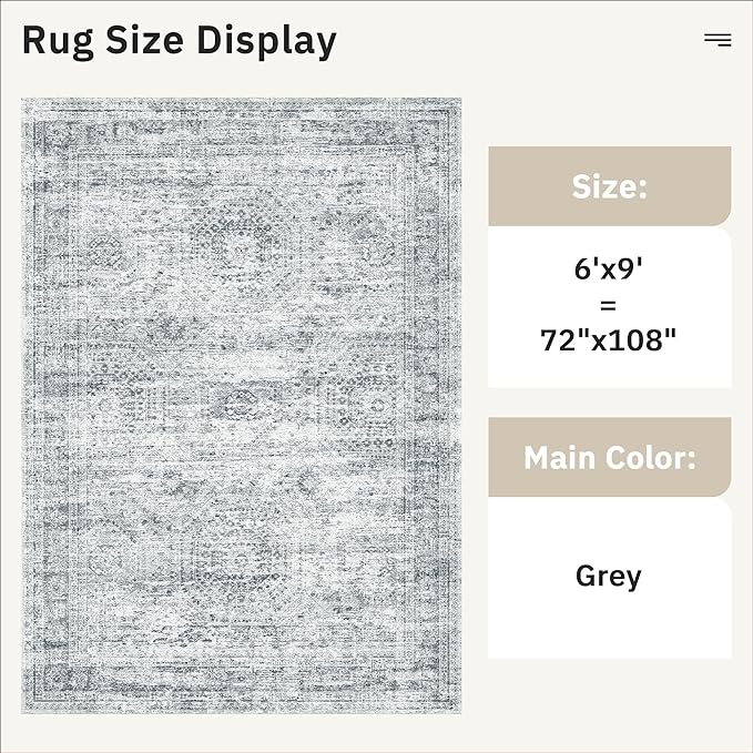 6x9 Area Rug for Living Room Washable 6x9 Gray Rug Non-Slip Modern Rugs for Bedroom Dinning Room Ultra-Thin Indoor Grey Rug