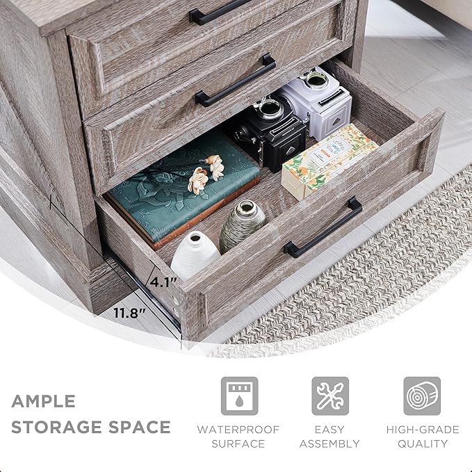 ACCOHOHO Farmhouse Nightstands Set of 2, 22 Inch Wide End Table with Charging Station & 3 Large Drawers, Rustic Wood Small Dresser Chest of Drawers for Bedroom, Living Room, Grey