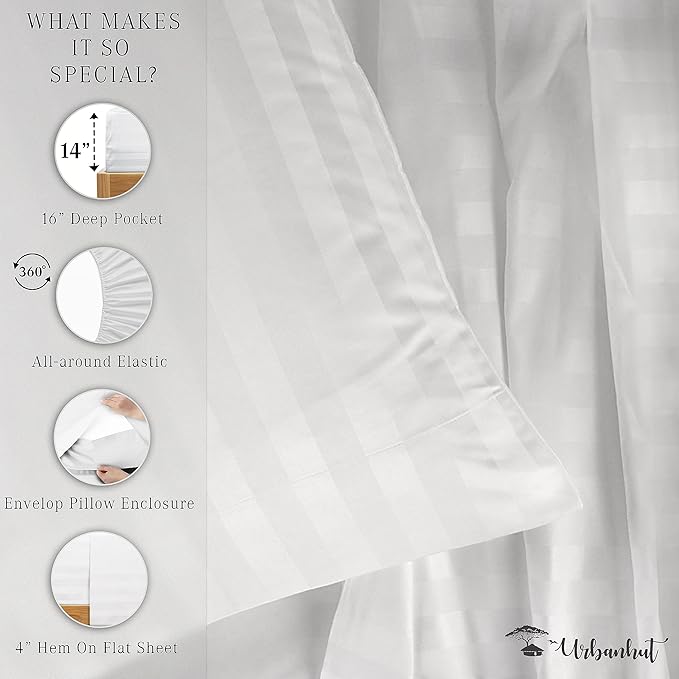 URBANHUT 800 Thread Count 100% Cotton Damask Twin Size Sheets, 4 Piece Striped Twin Size Bedsheets, Luxury Hotel Sheets Sateen Weave - Better Than Egyptian, 14" Elasticized Deep Pocket- White