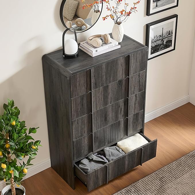 AMERLIFE Fluted 5 Drawer Dresser, 48" Tall Modern Chest of Drawers with Pine Handles, Rounded Corners & Anti-Tip Design, Wood Drawer Organizer for Bedroom, Living Room, Hallway, Black