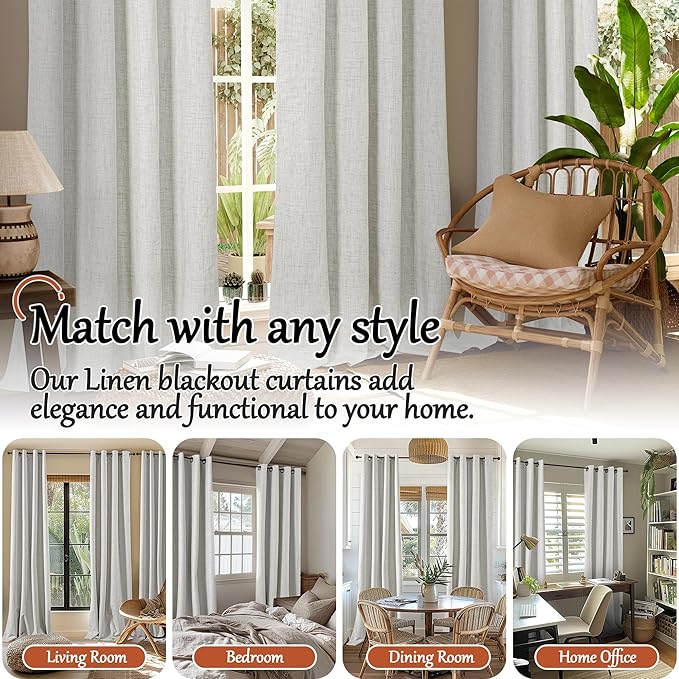 60 Inch Wide Linen Blackout Curtains for Bedroom 63 Inch Length 2 Panels, Total Black Out Thermal Insulated Energy Efficiency Grommet Boho Window Drapes White Liner for Modern Farmhouse, Light Grey