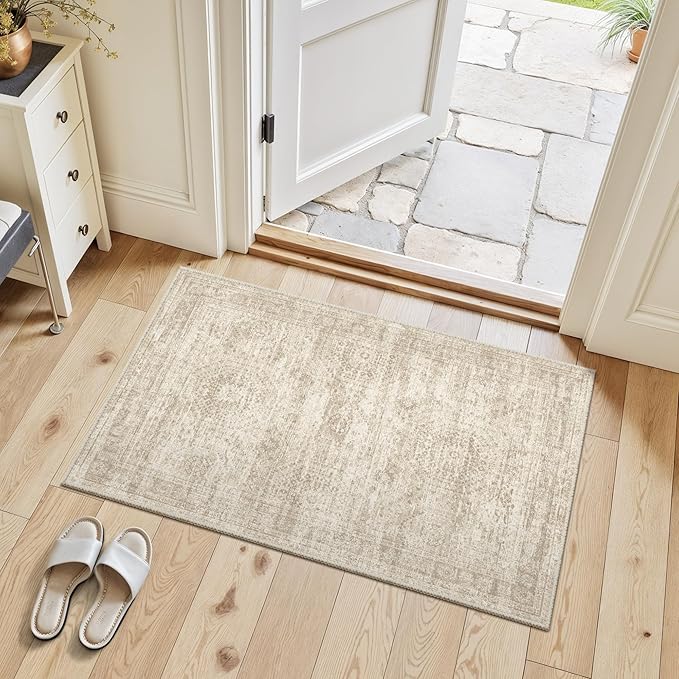 2x3 Washable Rugs for Kitchen, Floor, Entryway, Powder Room Small Area Rug Non-Slip Vintage Low Pile Throw Door Mat Beige