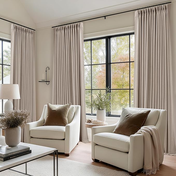 Dark Flax Linen Pinch Pleated Curtains 105 Inches Long for Bedroom Taupe Beige 100% Black Out Floor to Ceiling Sound Dampening Double Layer Living Room Darkeing 2 Panels Burlywood Birch Windows Drape