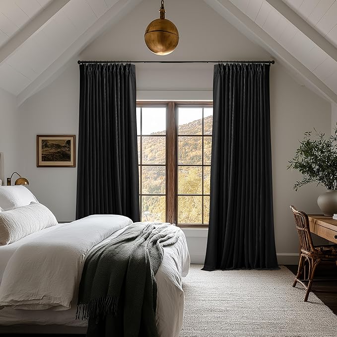 Neutral Black Linen Pinch Pleated Blackout Curtains 108 Inches Long for Bedroom Pleated 100% Black Out Drapes with Liner Black Farmhouse Modern Extra Long 108 Inch Curtain for Living Dining Room