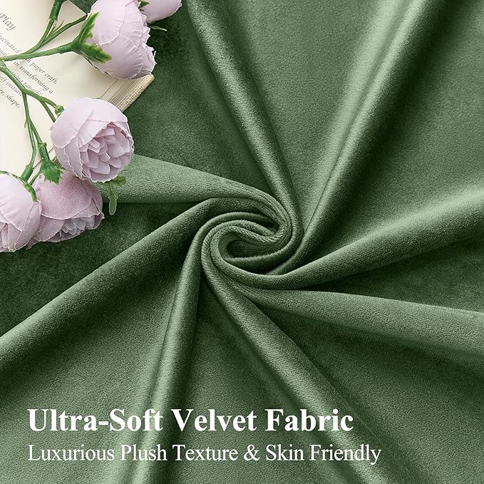 AUSSPVOCT Olive Green Velvet Curtains for Bedroom, Thermal Insulated Room Darkening Luxury Blackout Curtains 90 Inches Long Back Tab Window Drapes for Living Room Nursery, W52 x L90, 2 Panels