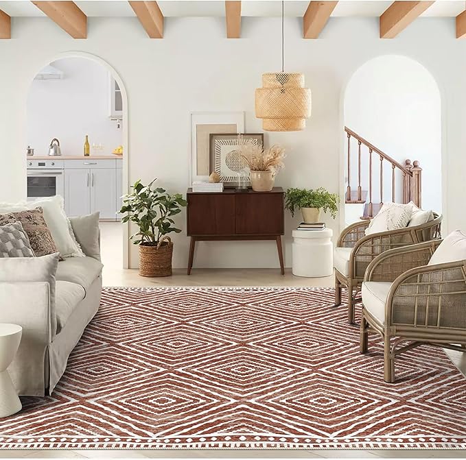 5x7 Area Rugs - Ultra-Thin Washable Rug with Non-Slip Backing, Ideal for Living Room, Bedroom, Kitchen Floor Carpet - Western Style, Easy Clean, Durable, Brown Red