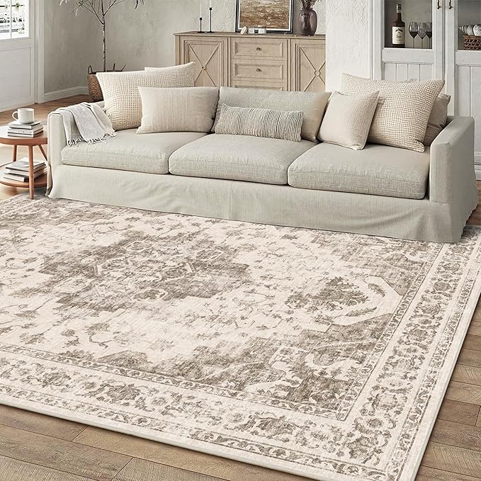 5x7 Vintage Washable Area Rugs Boho Medallion Large Distressed Retro Accent Carpet Floral Non-Slip Soft Low Pile Indoor Throw Rug for Living Room Bedroom Dining Room Office Kitchen, Taupe