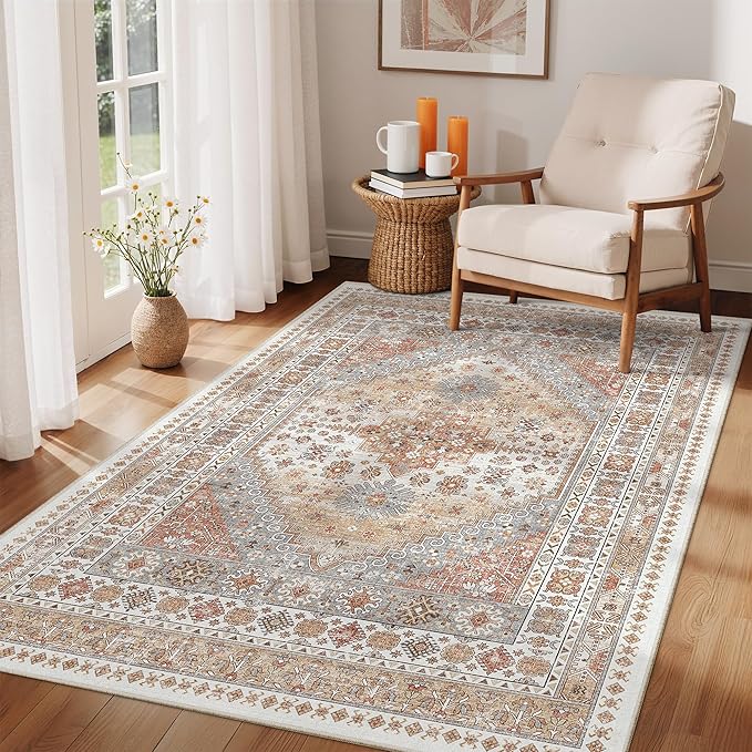 zesthome 4x6 Rug - Stain Resistant Washable Rug, Anti Slip Backing Rugs for Living Room, Foldable Vintage Small Area Rugs(Orange,4'x6')